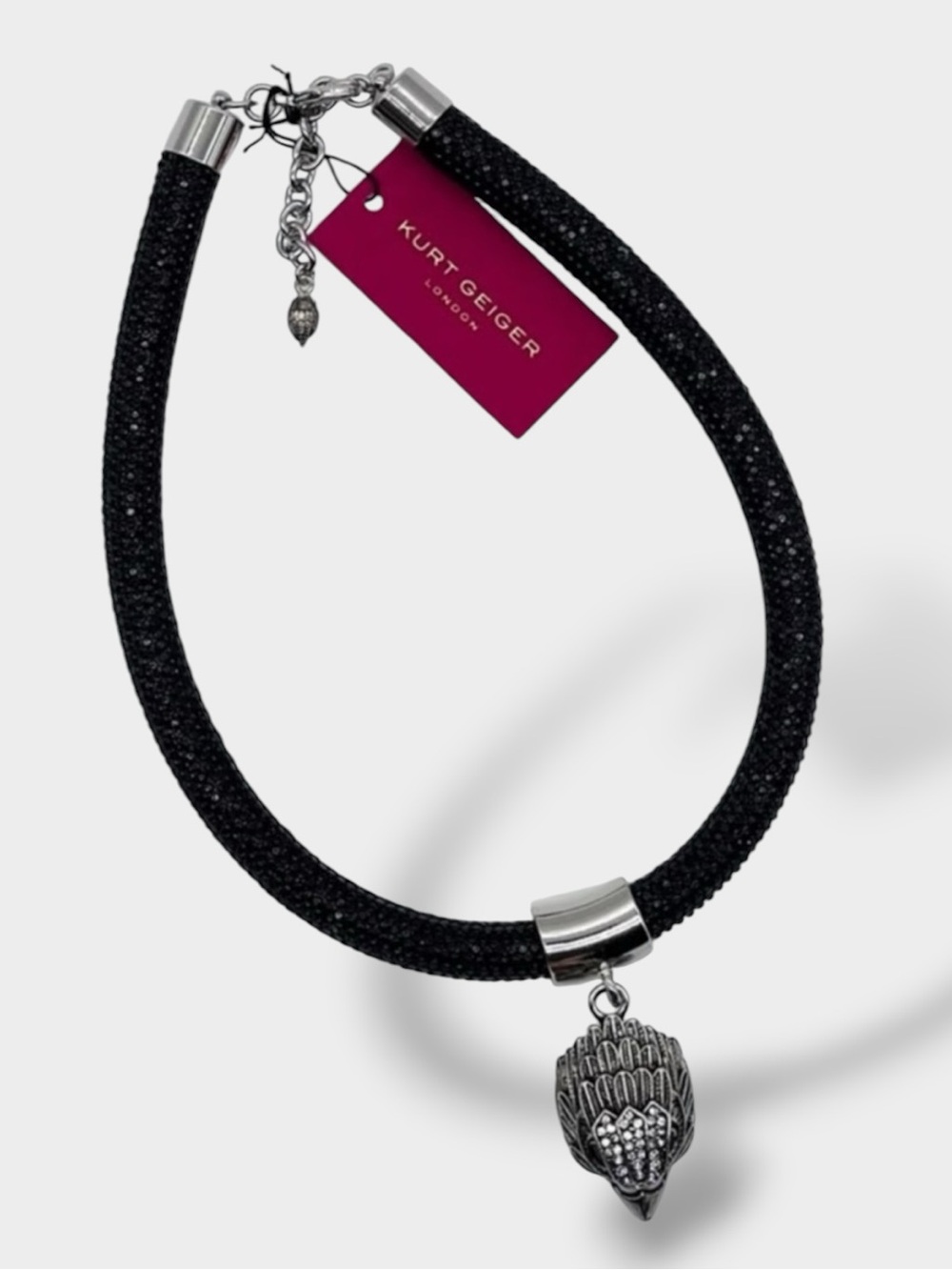 Kurt Geiger 🪢 Black Crystal Mesh Rope Necklace with Silver Eagle Head Charm